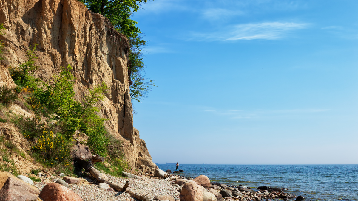 Plaża w Gdyni w słoneczny dzień, z widokiem na Morze Bałtyckie i licznymi turystami korzystającymi z uroków lata.